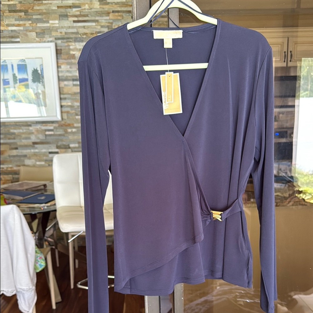 MICHAEL Michael Kors Blue Wrap Blouse with Long Sleeves